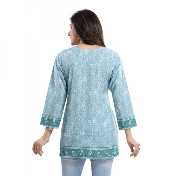 Women's Quarter Sleeve Faux Crepe Printed Short Kurti Tunic Top (Color:Blue)
