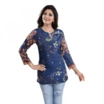 Women's Quarter Sleeve Faux Crepe Printed Short Kurti Tunic Top (Color:Pastel)