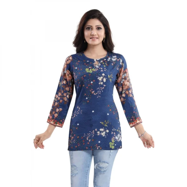 Women's Quarter Sleeve Faux Crepe Printed Short Kurti Tunic Top (Color:Pastel)
