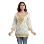 Women's Quarter Sleeve Faux Crepe Printed Short Kurti Tunic Top (Color:White)