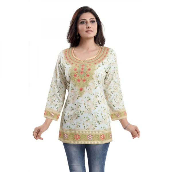 Women's Quarter Sleeve Faux Crepe Printed Short Kurti Tunic Top (Color:White)