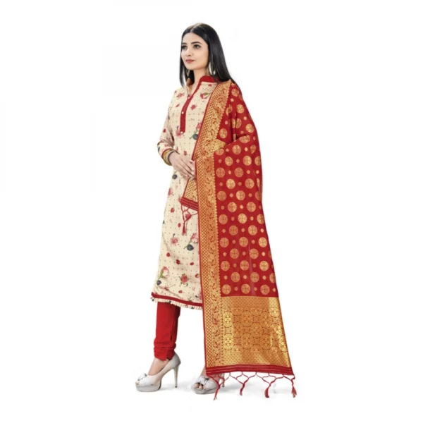 Banarasi Silk Unstitched Salwar-Suit Material Premium Quality With Dupatta (Color: Cream,Red)