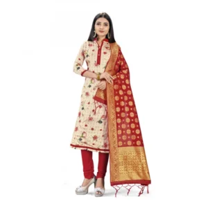 Banarasi Silk Unstitched Salwar-Suit Material Premium Quality With Dupatta (Color: Cream,Red)