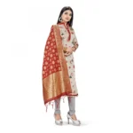 Banarasi Silk Unstitched Salwar-Suit Material Premium Quality With Dupatta (Color: Cream,Red)