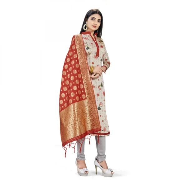 Banarasi Silk Unstitched Salwar-Suit Material Premium Quality With Dupatta (Color: Cream,Red)