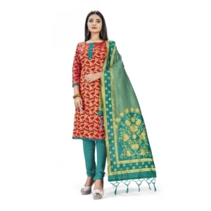 Banarasi Silk Unstitched Salwar-Suit Material Premium Quality With Dupatta (Color: Red)