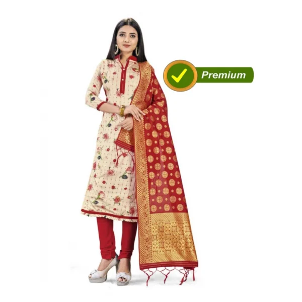 Banarasi Silk Unstitched Salwar-Suit Material Premium Quality With Dupatta (Color: Cream,Red)