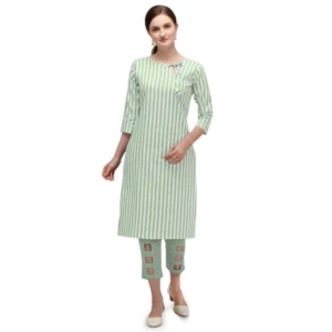 Women's Cotton Kurta Set With Bottom (Color:Green, Material:Cotton)