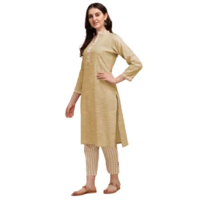 Women's Cotton Kurta Set With Bottom (Color:Chiku, Material:Cotton)