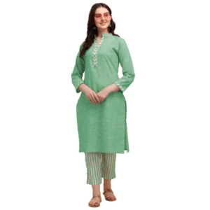 Women's Cotton Kurta Set With Bottom (Color:Green, Material:Cotton)