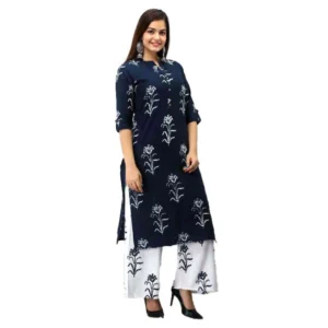 Women's Rayon Kurta Set With Bottom (Color:NBlue, Material:Rayon)
