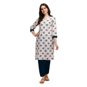 Women's Cotton Kurta Set With Bottom (Color:Blue, Material:Cotton)