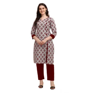 Women's Cotton Kurta Set With Bottom (Color:Red, Material:Cotton)