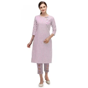 Women's Cotton Kurta Set With Bottom (Color:Pink, Material:Cotton)