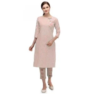 Women's Cotton Kurta Set With Bottom (Color:Orange, Material:Cotton)