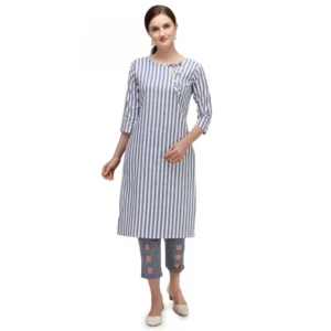 Women's Cotton Kurta Set With Bottom (Color:Blue, Material:Cotton)