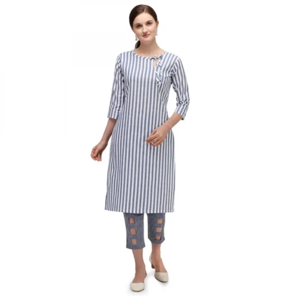 Women's Cotton Kurta Set With Bottom (Color:Blue, Material:Cotton)