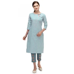 Women's Cotton Kurta Set With Bottom (Color:Rama, Material:Cotton)