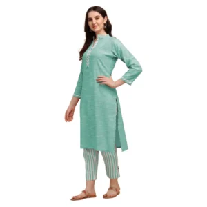 Women's Cotton Kurta Set With Bottom (Color:Rama, Material:Cotton)