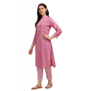 Women's Cotton Kurta Set With Bottom (Color:Pink, Material:Cotton)