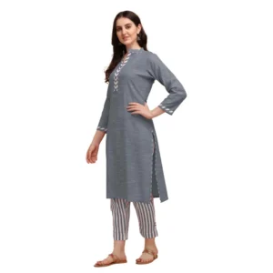 Women's Cotton Kurta Set With Bottom (Color:Grey, Material:Cotton)