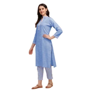 Women's Cotton Kurta Set With Bottom (Color:Blue, Material:Cotton)