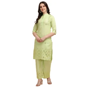 Women's Rayon Kurta Set With Bottom (Color:LPista, Material:Rayon)