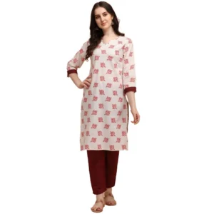 Women's Cotton Kurta Set With Bottom (Color:Red, Material:Cotton)