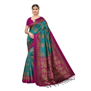 Women's Art Silk Saree With Blouse (Turquoise, 5-6mtrs)