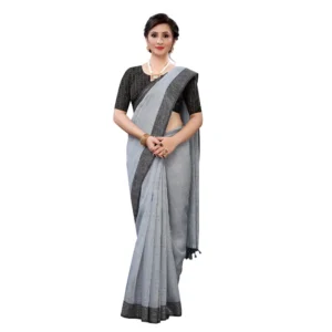 Women's Soft Cotton Saree With Blouse (Grey, 5-6Mtrs)