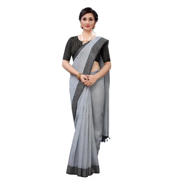 Women's Soft Cotton Saree With Blouse (Grey, 5-6Mtrs)