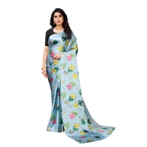Women's Soft Japan Satin Saree With Blouse (Light Blue, 5-6Mtrs)