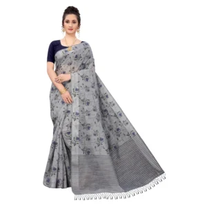 Women's Cotton Blend Saree With Blouse (Grey, 5-6Mtrs)