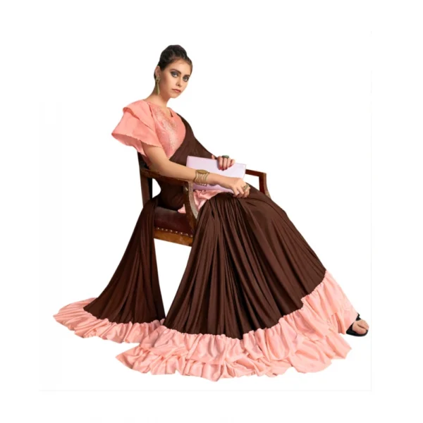 Women's Lycra Saree With Blouse (Brown, 5-6Mtrs)