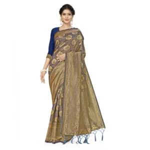 Women's Banarasi Silk Saree With Blouse (Navy Blue, 5-6Mtrs)