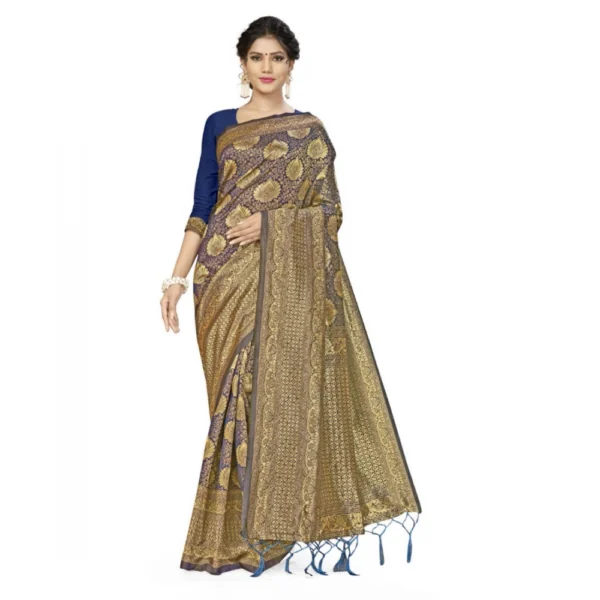 Women's Banarasi Silk Saree With Blouse (Navy Blue, 5-6Mtrs)