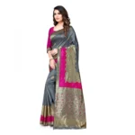 Women's Banarasi Silk Saree With Blouse (Pink, Grey, 5-6Mtrs)