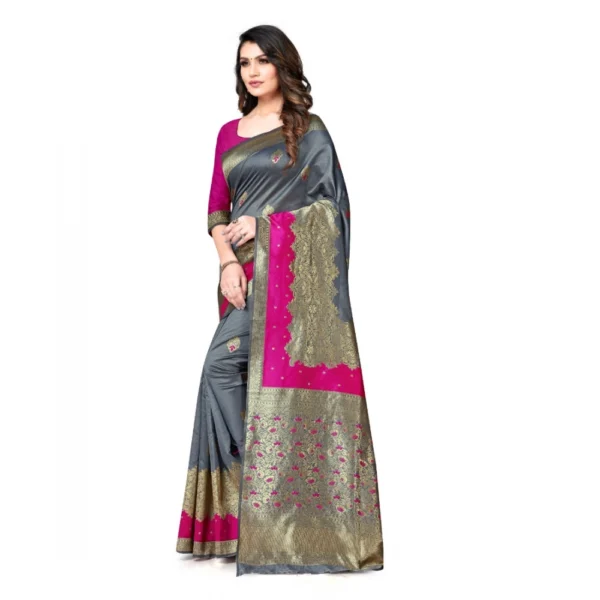 Women's Banarasi Silk Saree With Blouse (Pink, Grey, 5-6Mtrs)