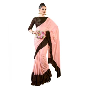 Women's Lycra Saree With Blouse (Peach, 5-6Mtrs)