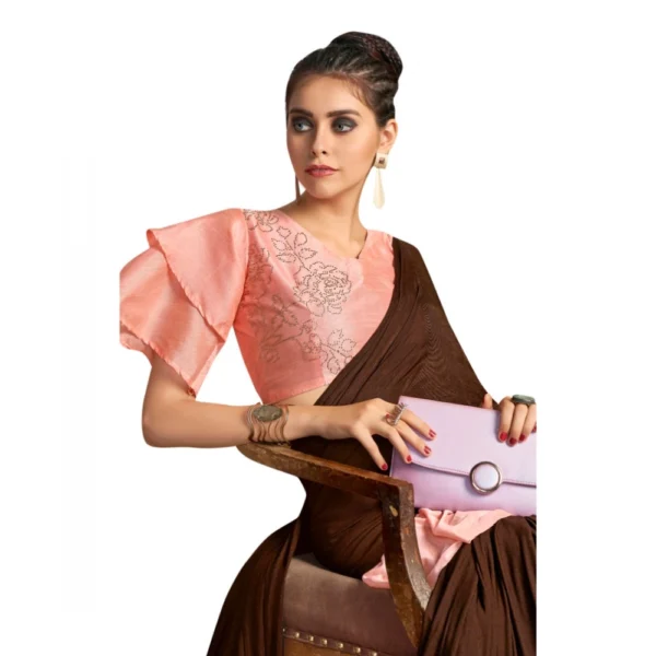 Women's Lycra Saree With Blouse (Brown, 5-6Mtrs)