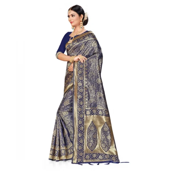 Women's Banarasi Silk Saree With Blouse (Neavy Blue, 5-6Mtrs)
