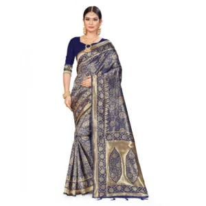 Women's Banarasi Silk Saree With Blouse (Neavy Blue, 5-6Mtrs)