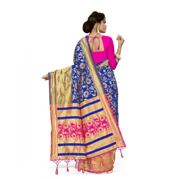 Women's Banarasi Silk Saree With Blouse (Pink, Navy Blue, 5-6Mtrs)