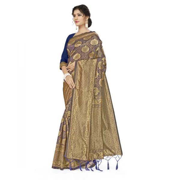Women's Banarasi Silk Saree With Blouse (Navy Blue, 5-6Mtrs)