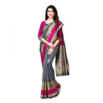 Women's Banarasi Silk Saree With Blouse (Pink, Grey, 5-6Mtrs)