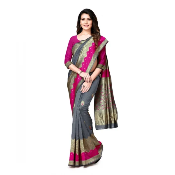 Women's Banarasi Silk Saree With Blouse (Pink, Grey, 5-6Mtrs)