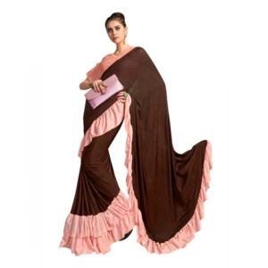 Women's Lycra Saree With Blouse (Brown, 5-6Mtrs)