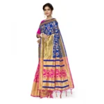 Women's Banarasi Silk Saree With Blouse (Pink, Navy Blue, 5-6Mtrs)