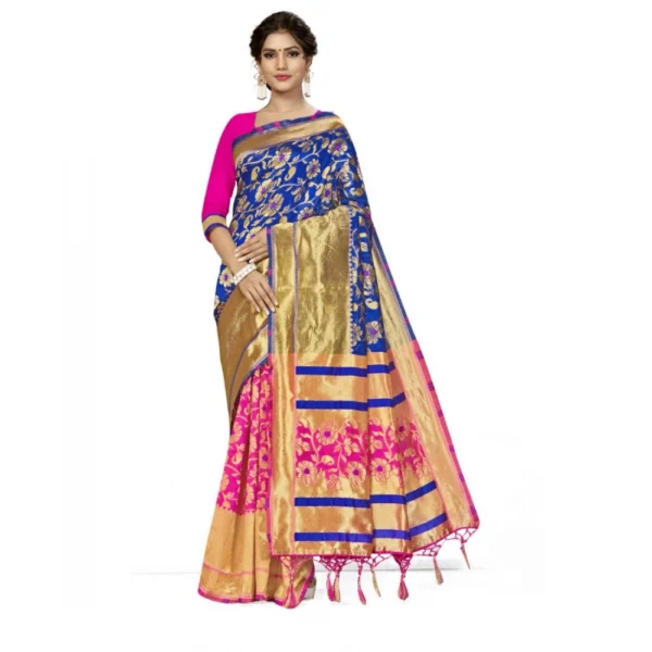 Women's Banarasi Silk Saree With Blouse (Pink, Navy Blue, 5-6Mtrs)