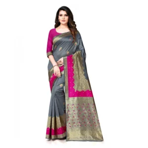 Women's Banarasi Silk Saree With Blouse (Pink, Grey, 5-6Mtrs)